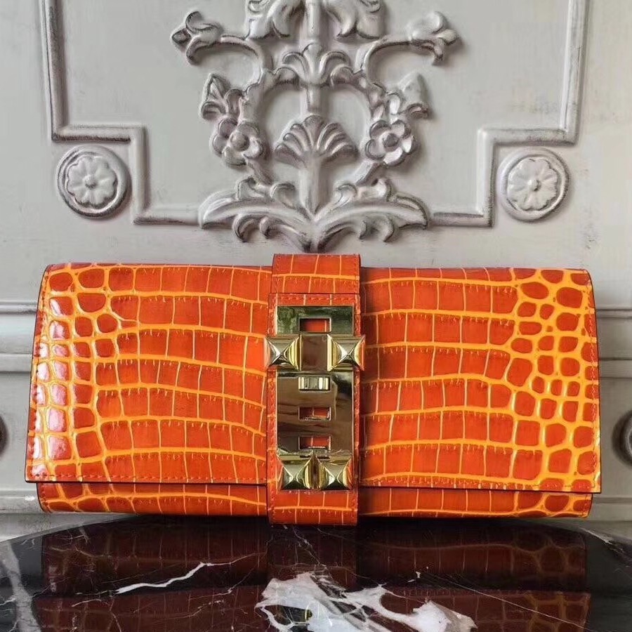 Fake Hermes Medor Clutch Bag In Orange Crocodile Leather HT00065