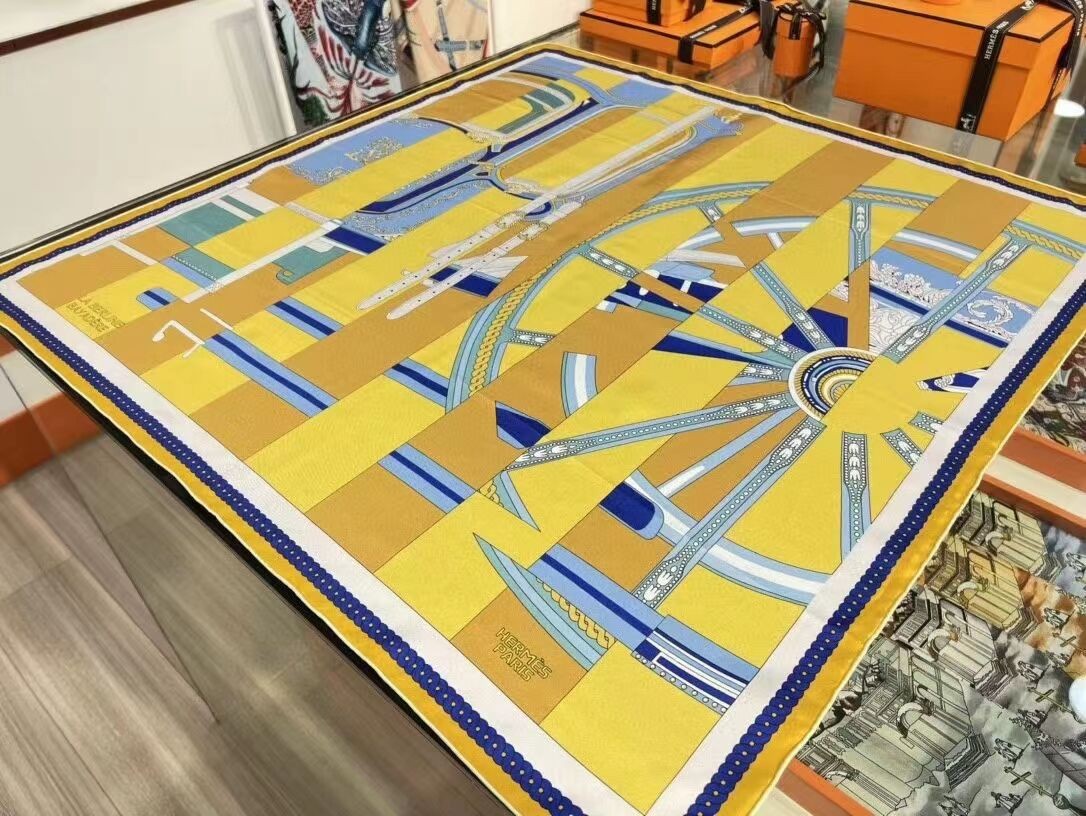 Hermes Blue H Imprimeur Fou Couvertures d'Ex-Libris Shawl 140cm HT01236