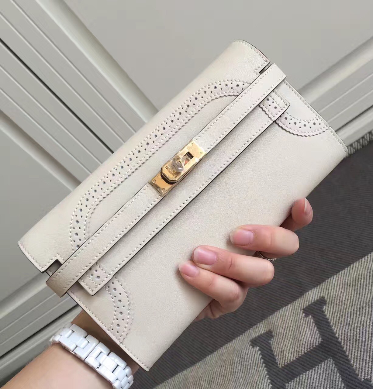 Hermes Kelly Ghillies Wallet In Ivory Swift Leather HT01009