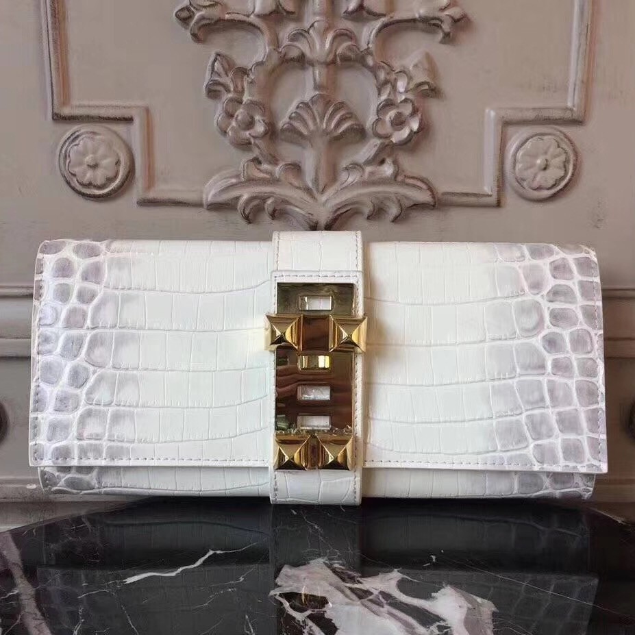 Hermes Medor Clutch Bag In White Crocodile Leather HT00057