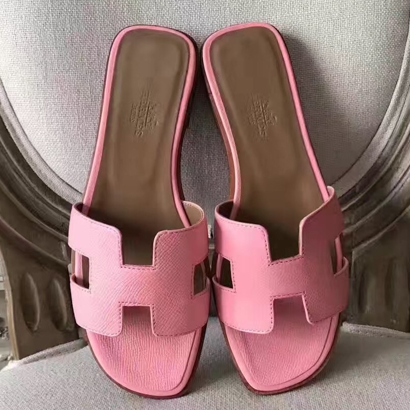 Hermes Oran Sandals In Pink Epsom Leather HT00499