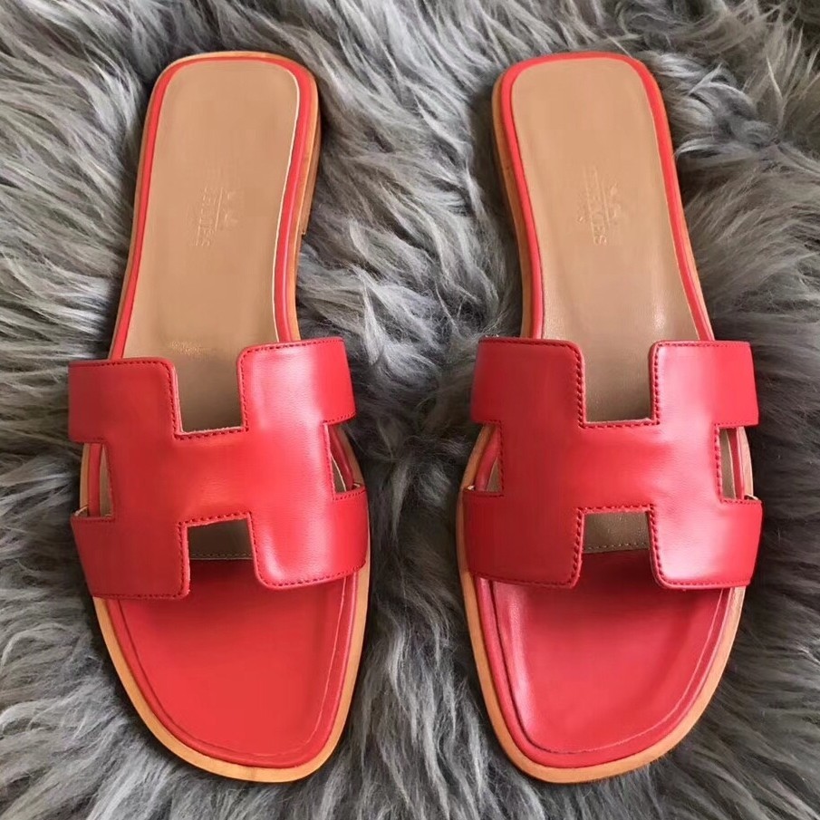 Imitation Hermes Oran Sandals In Red Swift Leather HT00424