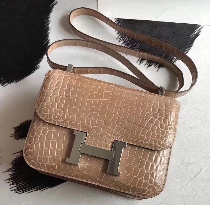 Luxury Hermes Constance 24cm Poussiere Porosus Crocodile HT00556