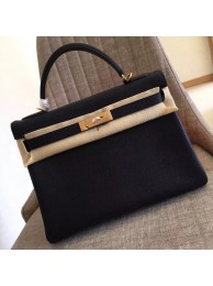 Best Hermes Black Clemence Kelly Retourne 28cm Handmade Bag HT01334