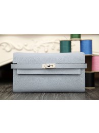 Hermes Kelly Longue Wallet In Blue Lin Clemence Leather HT00603