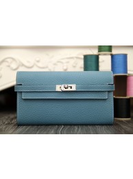 Hermes Kelly Longue Wallet In Jean Blue Clemence Leather HT00266