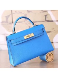 Knockoff AAAAA Hermes Blue Hydra Chevre Kelly Mini II 20cm Handmade Bag HT00530
