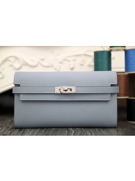 Replica Top Hermes Kelly Longue Wallet In Blue Lin Epsom Leather HT00386